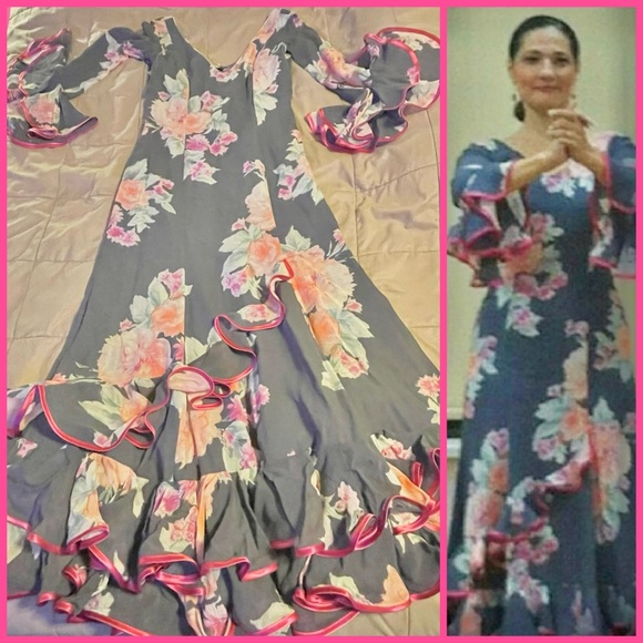 Slate & Magenta Floral Flamenco Dress Handmade in Spain-zipper,v-neck,longsleeve - Picture 2 of 16
